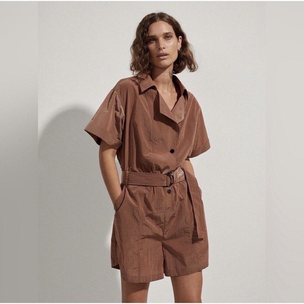 Varley Belle Boxy Playsuit Womens Sz S Shimmer Shell Button Up Belted Pockets